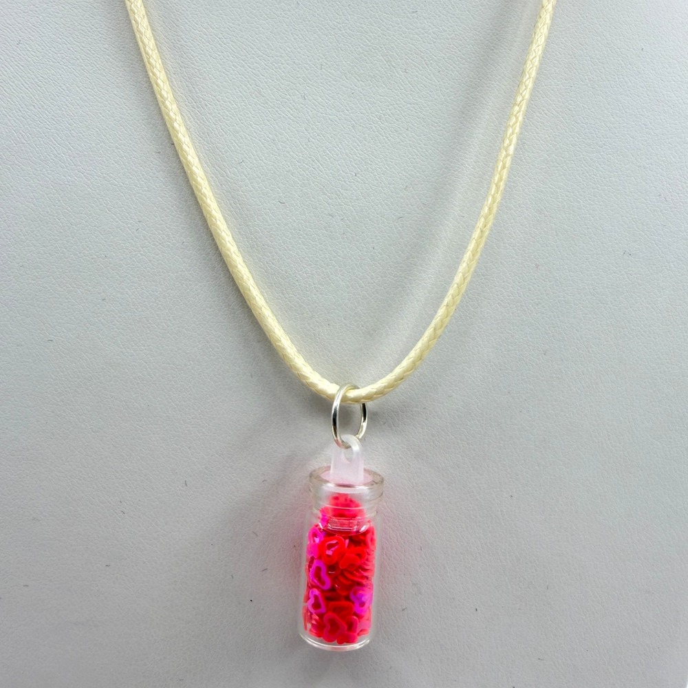 Whimsical Heart Bottle Charm Necklace Pink Glitter Bohemian Statement Gift Idea